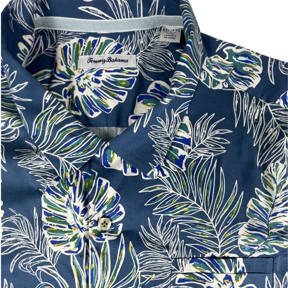 Tommy Bahama Shirt Mens XXL Blue Tropical Monstera Silk Blend Camp Button Up